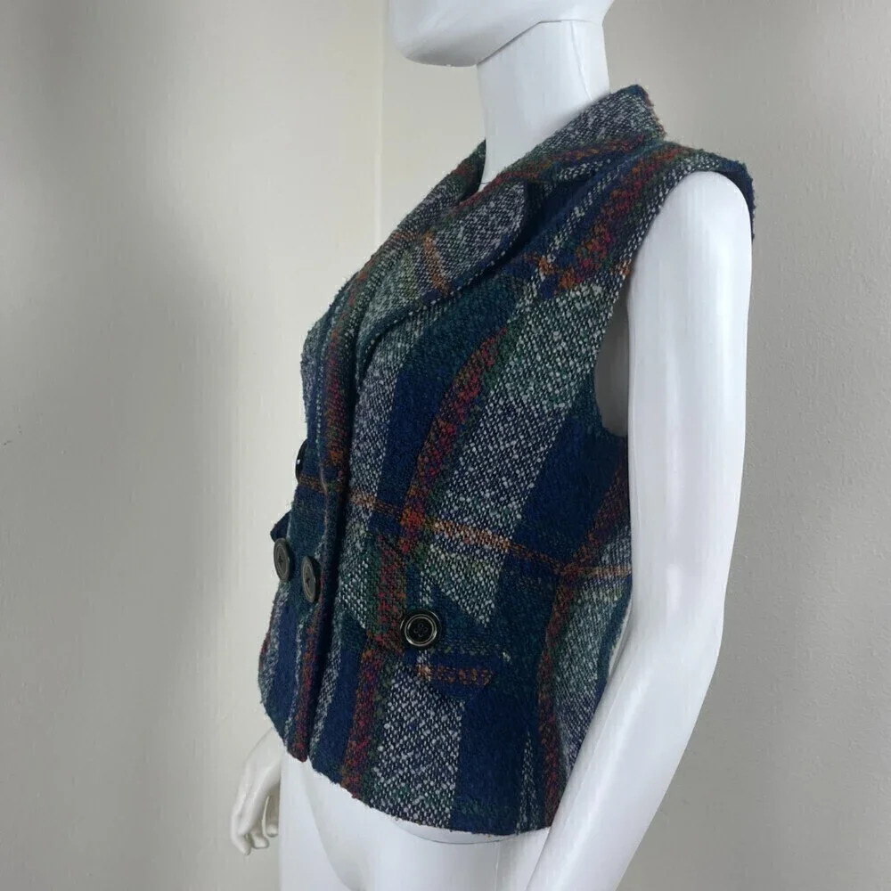 Cabi Size S Wool Plaid Double Breasted Sleeveless Vest Sweater Holiday Party